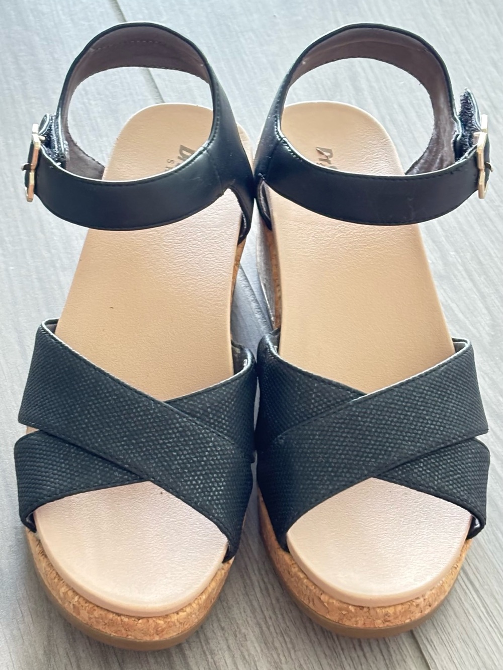 Dr Scholl’s W Black Cork Wedge Sandals Ankle Strap.  Never worn. Velcro buckle